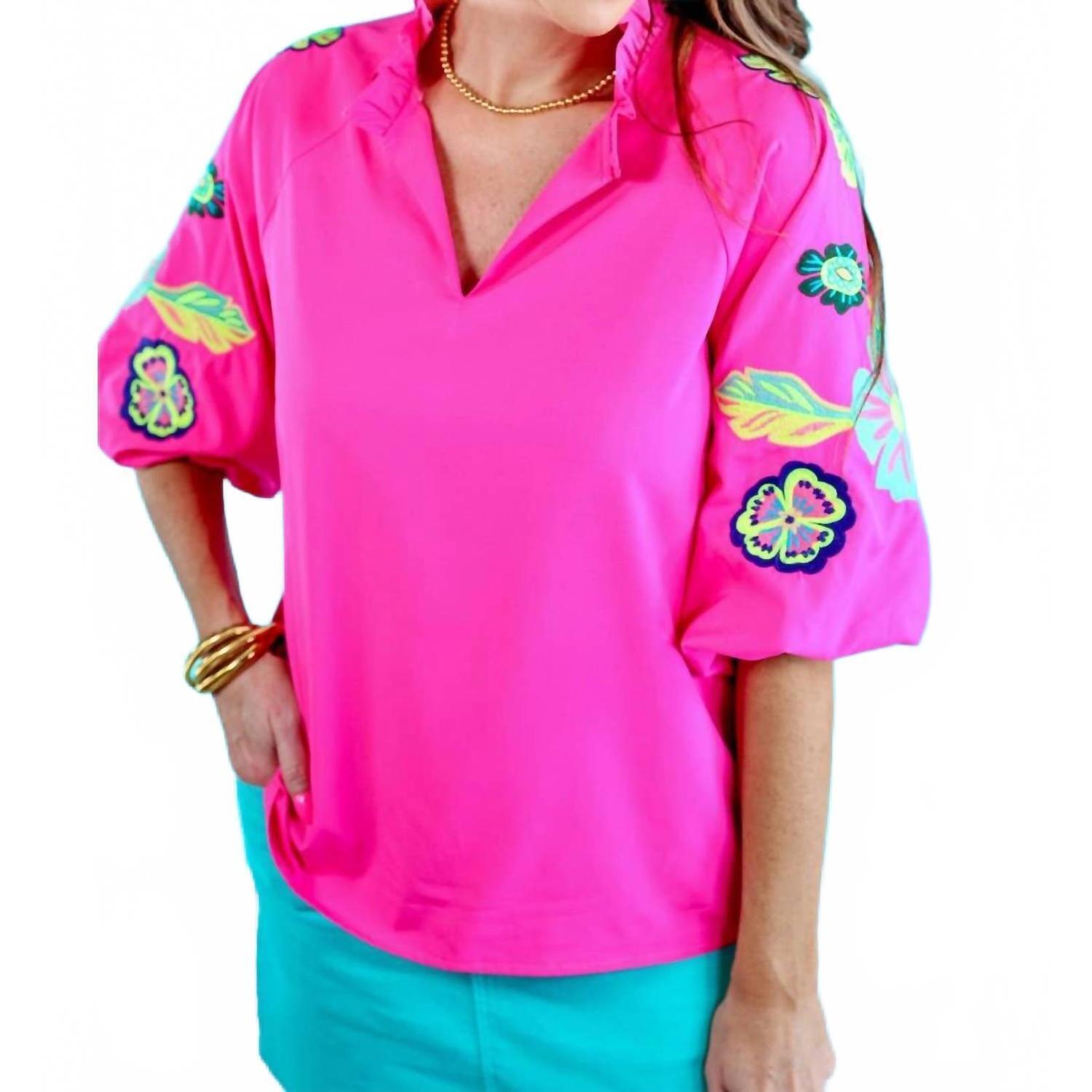 New Jess Lea Embroidered Puff Sleeve Top In Hot Pink